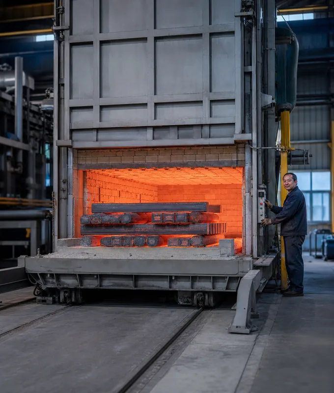 Car-bottom annealing furnace open with a charge of forged bars on the bogie