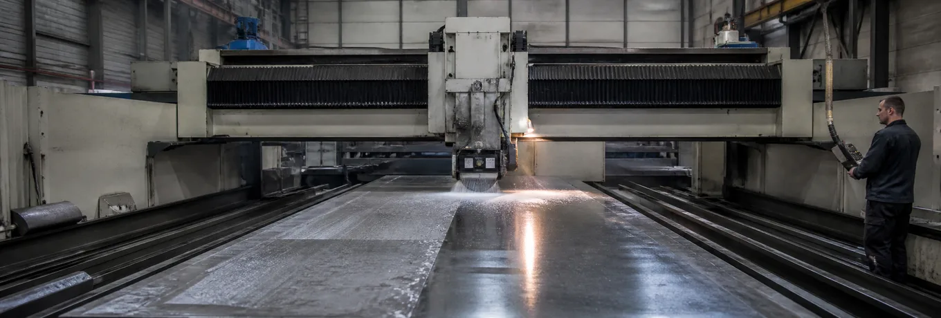 Gantry grinder working the face of a wide tool steel plate