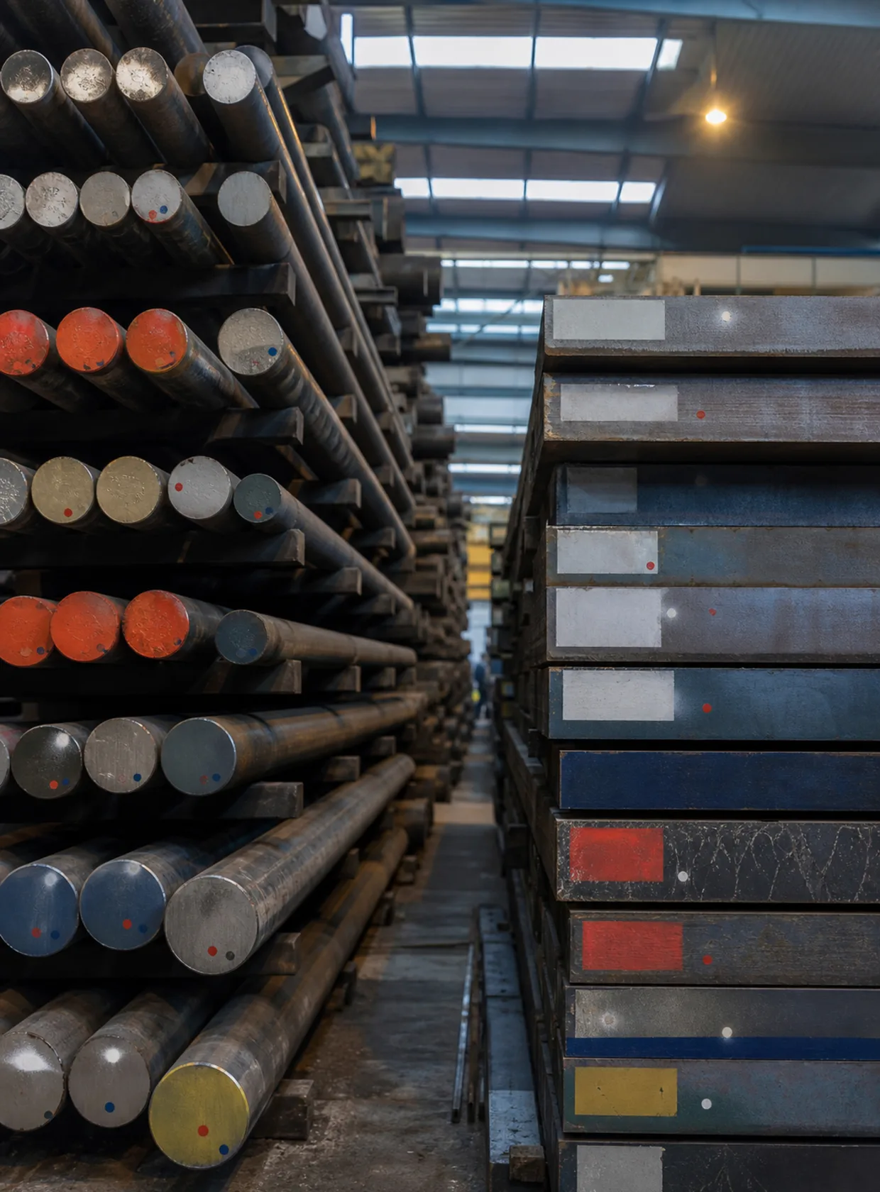 Colour-coded bar ends on the racks of a tool steel manufacturer's finished goods store