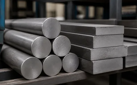Hot work tool steel round bar and flats stacked on the rack