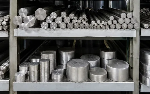 High speed steel round bar and discs sorted by diameter on a shelf