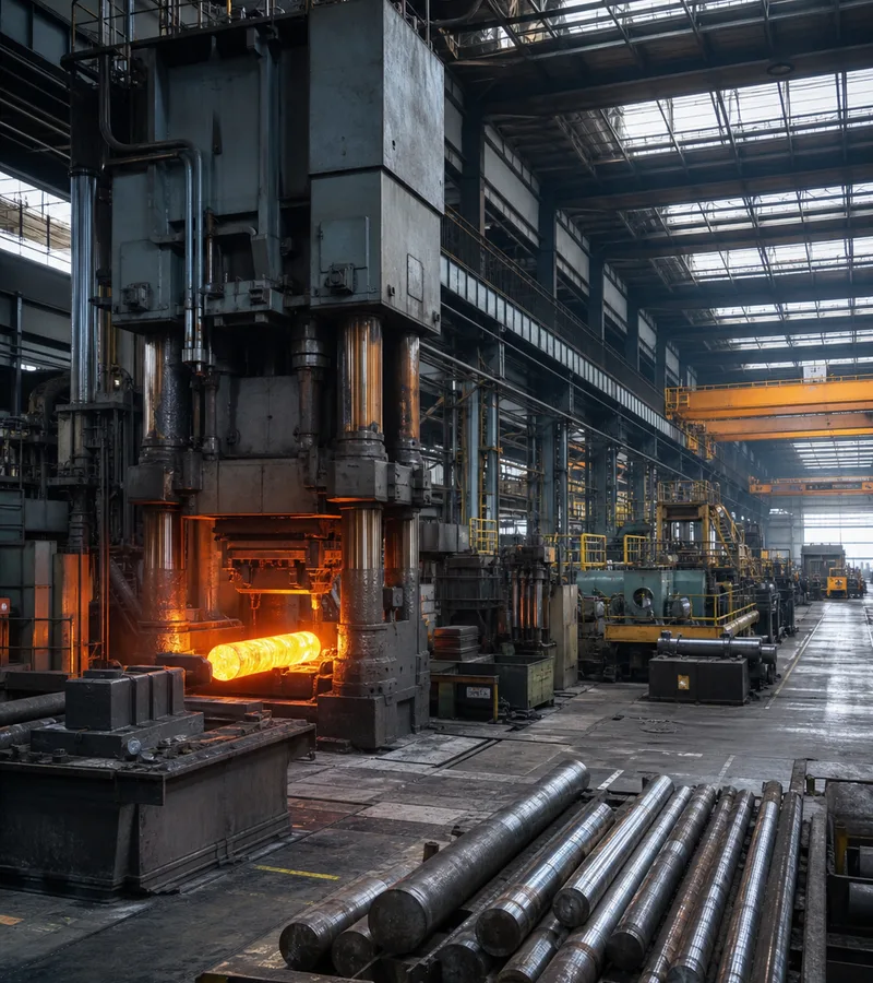 Forging bay at a tool steel manufacturer with billets staged at the press