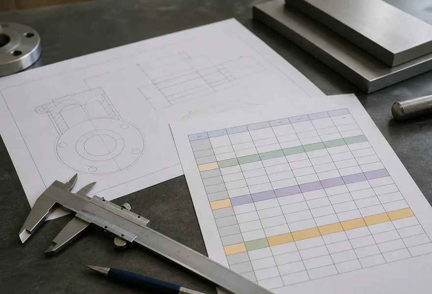 Drawing, caliper and a blank specification sheet on the certification desk