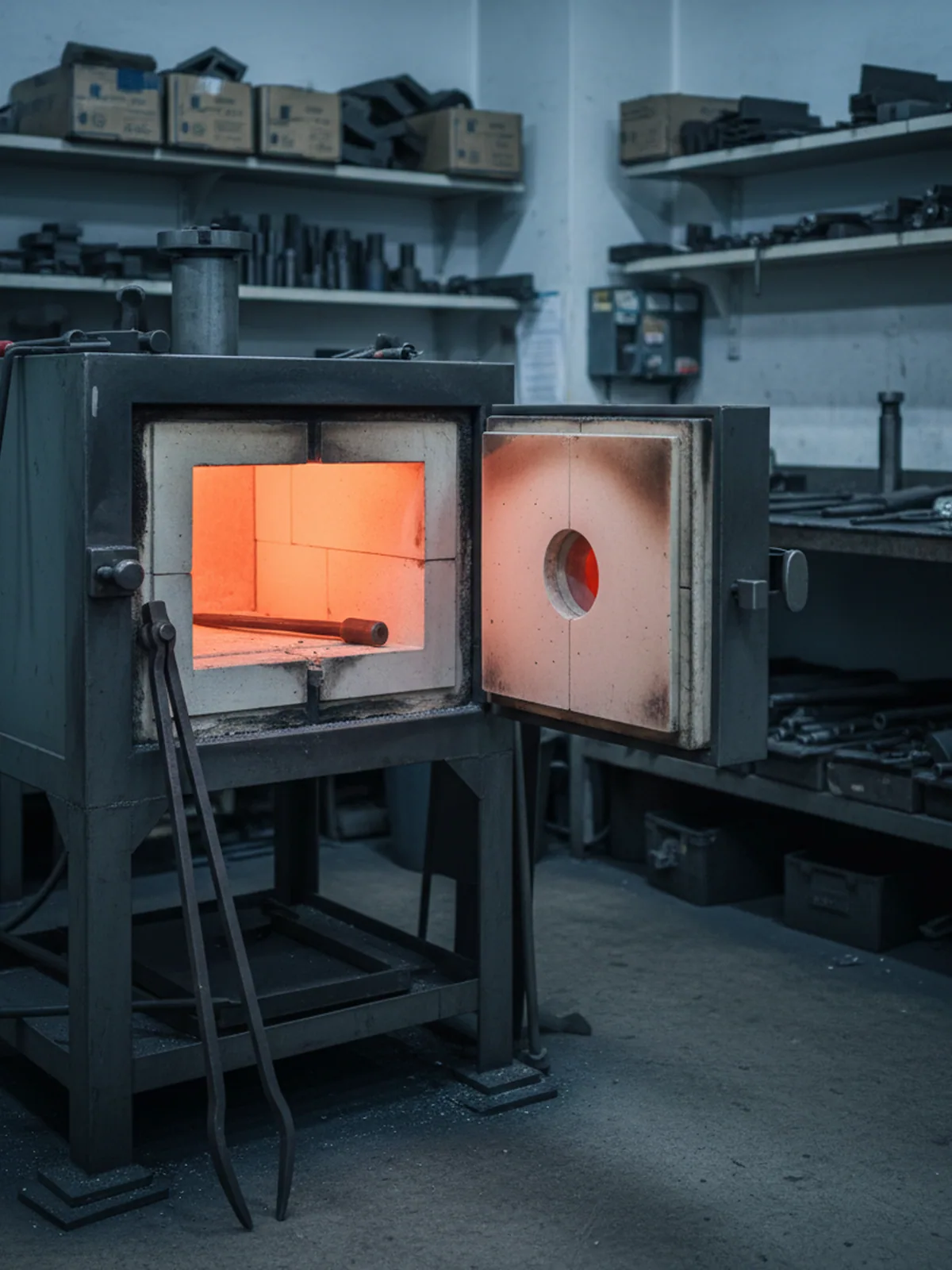 Chamber furnace in a jobbing tool room where O1 tool steel is hardened without a protective atmosphere