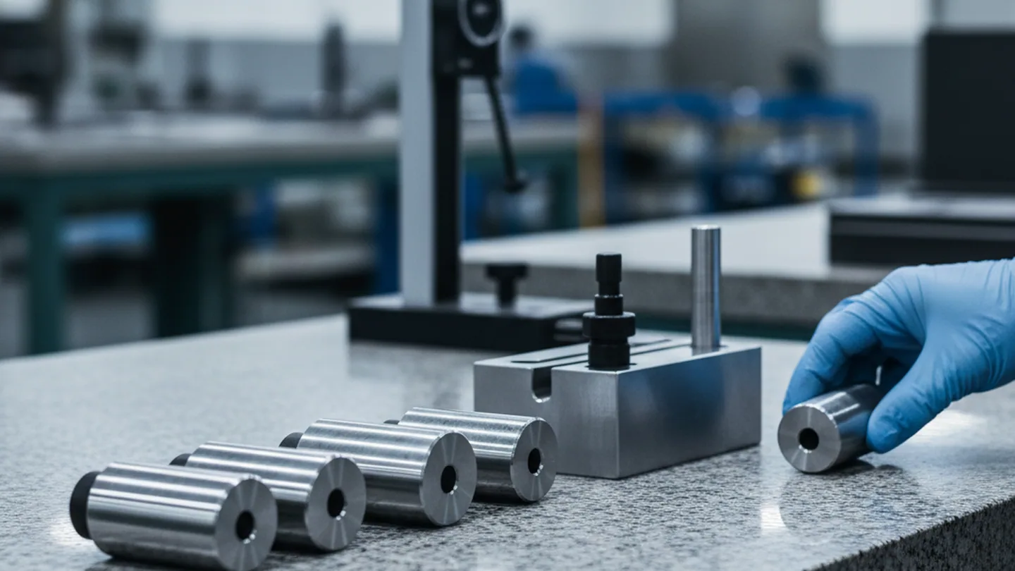 Plug and ring gauges finish ground from O1 tool steel on an inspection bench