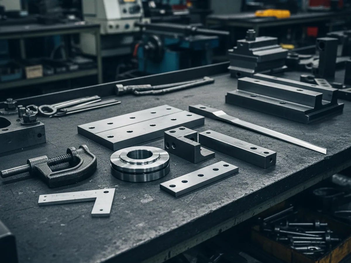 Jigs, wear plates and machine knives in O1 tool steel laid out on a fitting bench