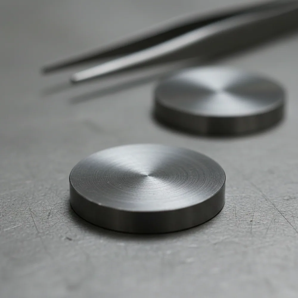 Machined heat sample disc taken from an O1 tool steel melt for analysis