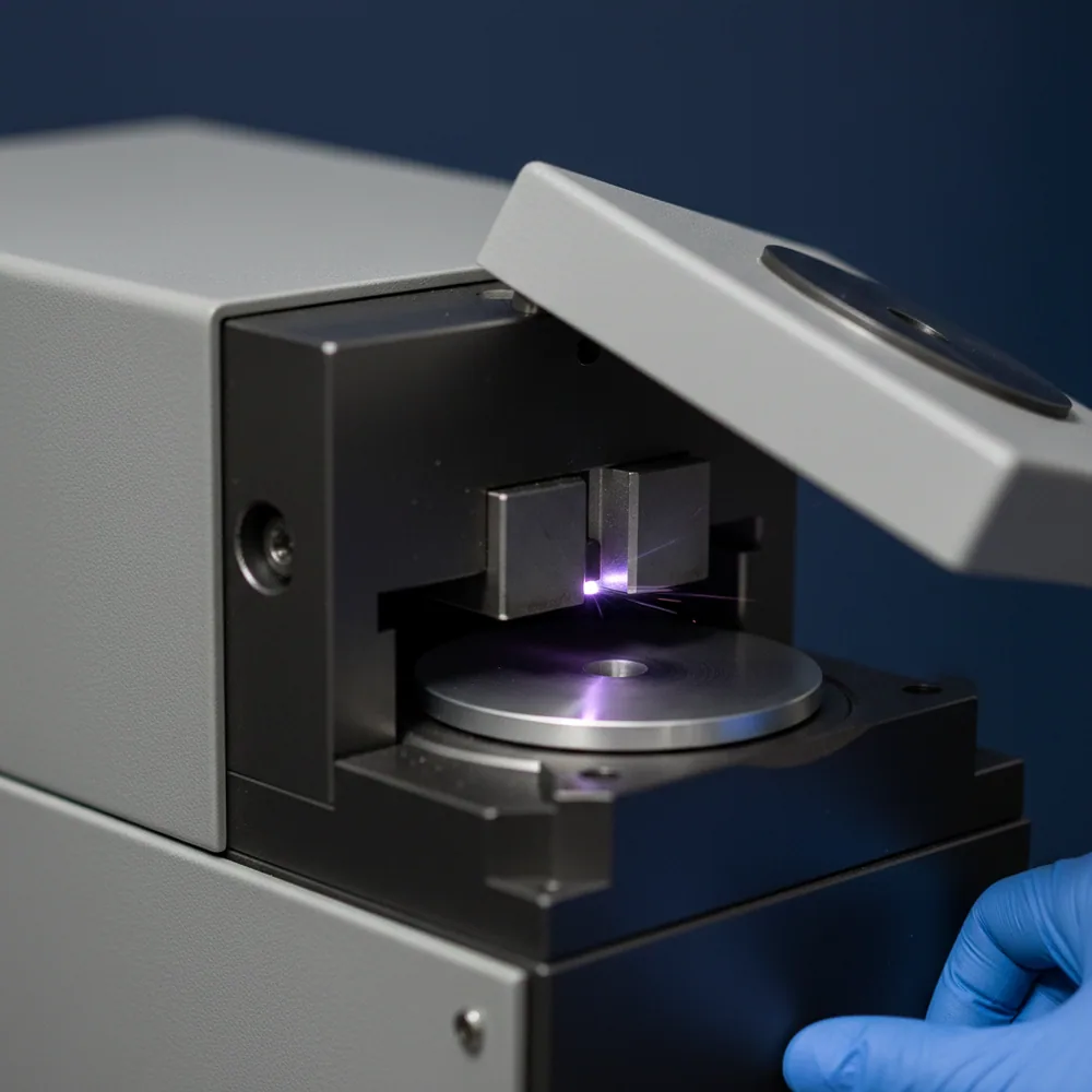 Optical emission spectrometer analysing an O1 tool steel heat sample