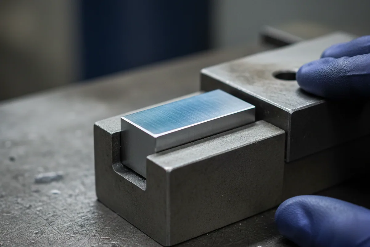 Sectioned and polished O1 tool steel coupon prepared for a hardness traverse from the surface inward