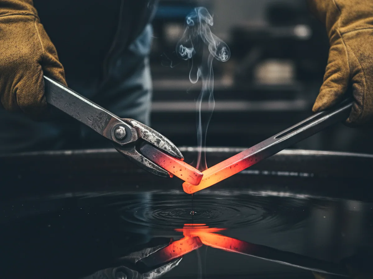 Tool being quenched into oil after austenitising O1 tool steel