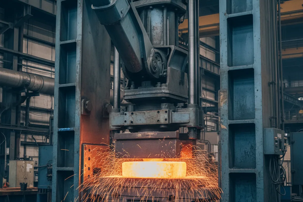 Forging press working an O1 tool steel ingot at the start of a made to order run