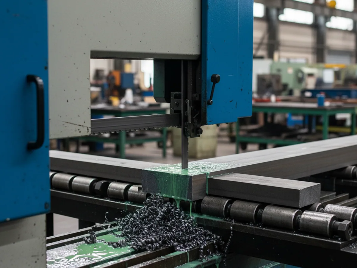 CNC band saw cutting O1 tool steel flat bar to length