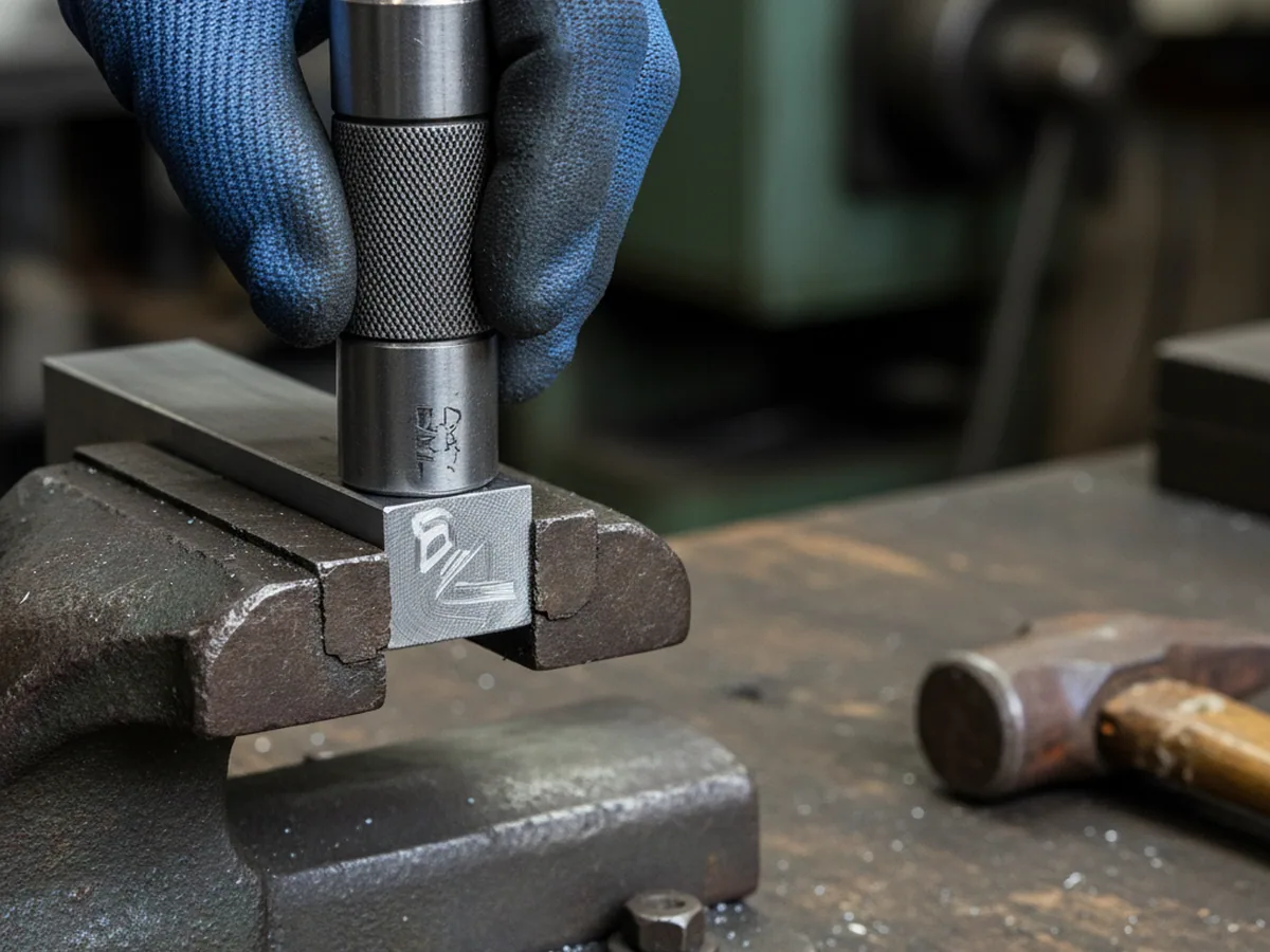 Cut piece of O1 tool steel bar being marked so it traces back to its heat
