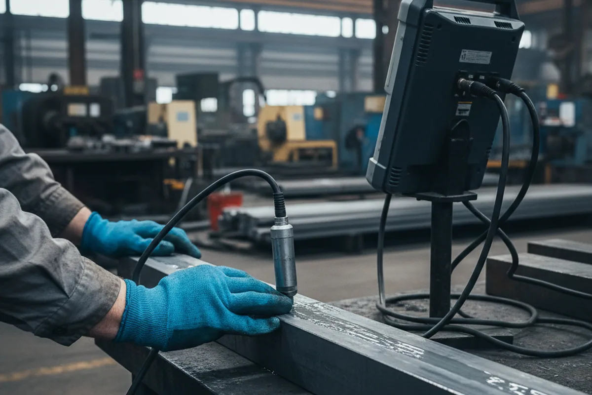 Operator running 100% ultrasonic testing along an O1 tool steel bar
