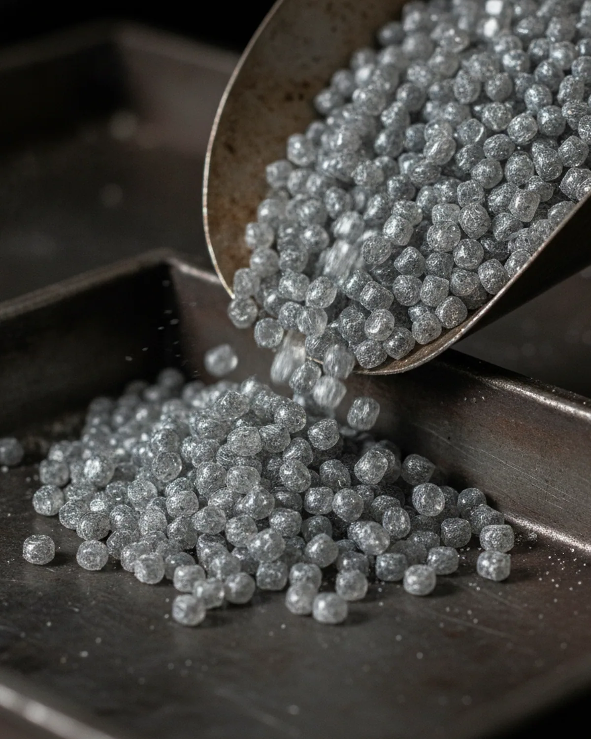 Glass filled moulding compound pellets that wear a mould cavity from the gate outward