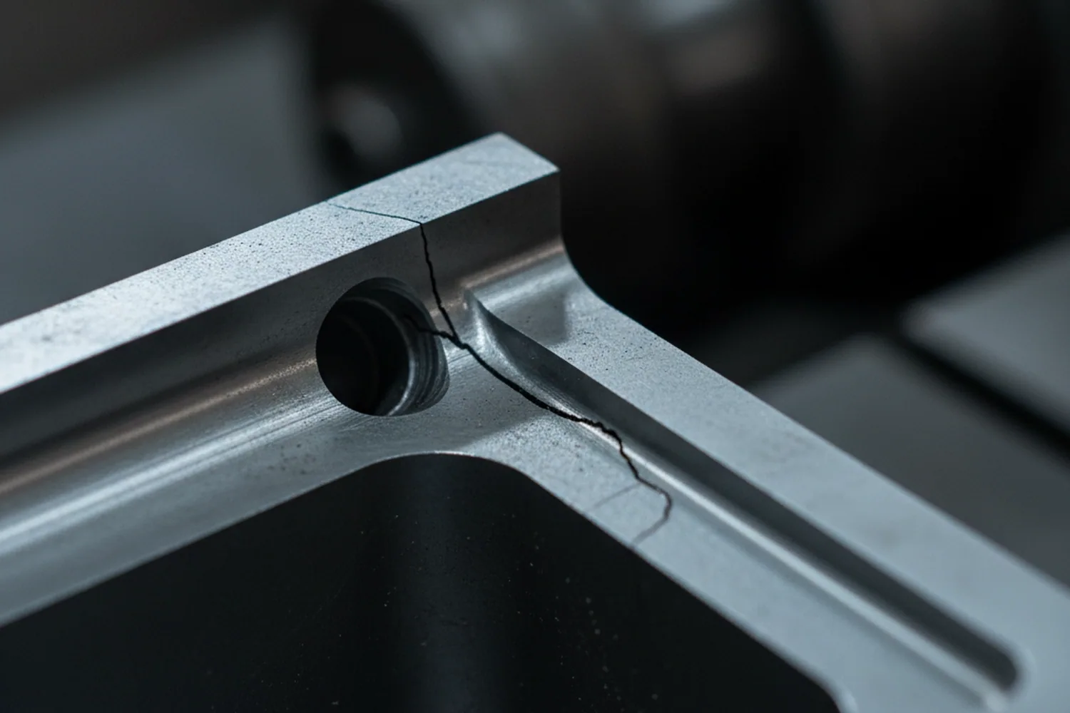 Cracked water line corner on a heavy cavity block hardened after machining