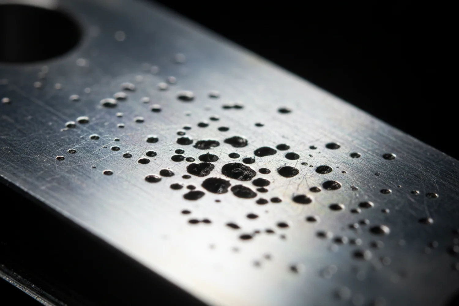 Pinholed cavity surface where free machining mould steel failed at the fine polishing stages