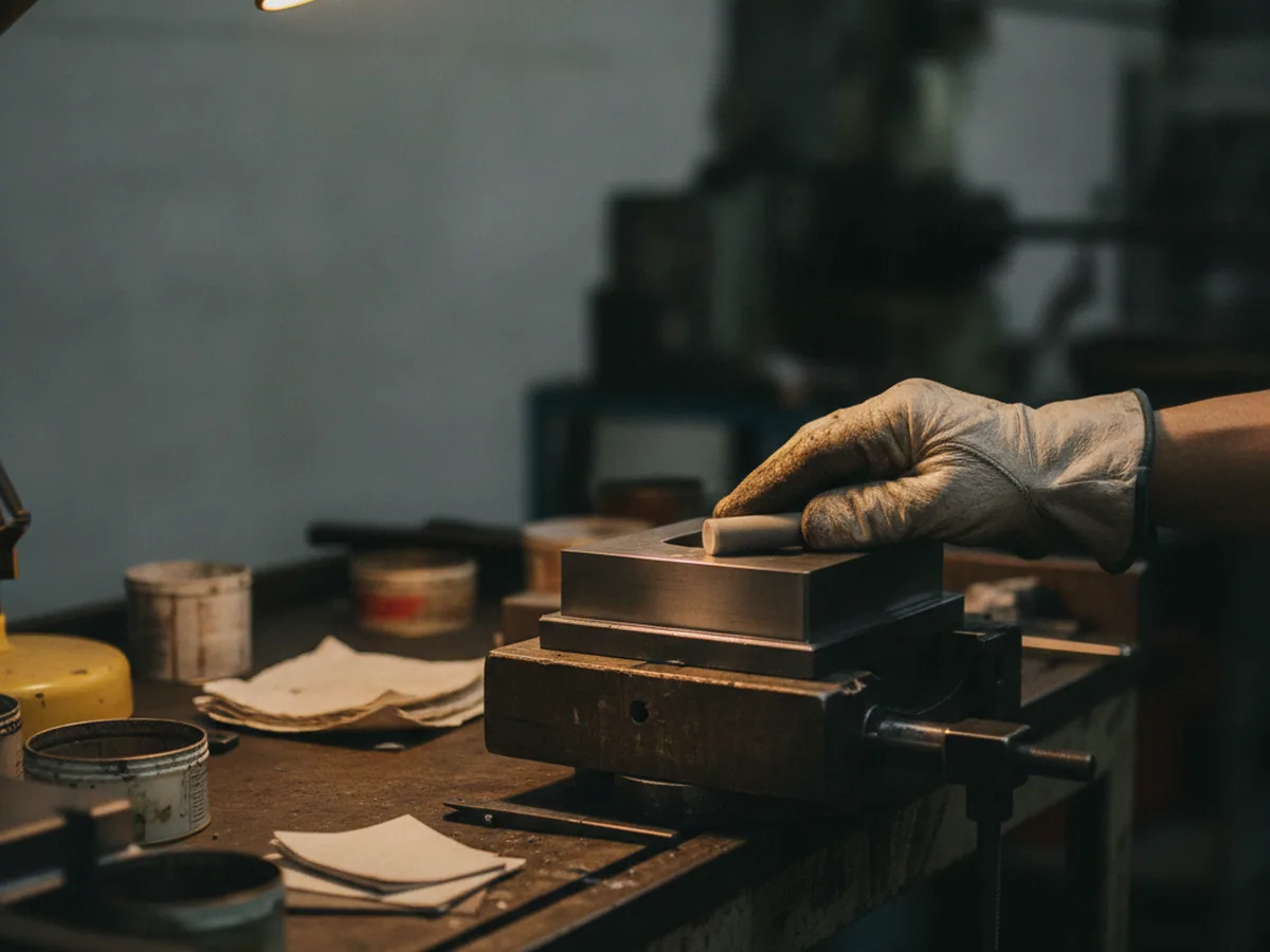 Fine stage polishing bench where mold steel pinholes declare themselves above 2000 grit