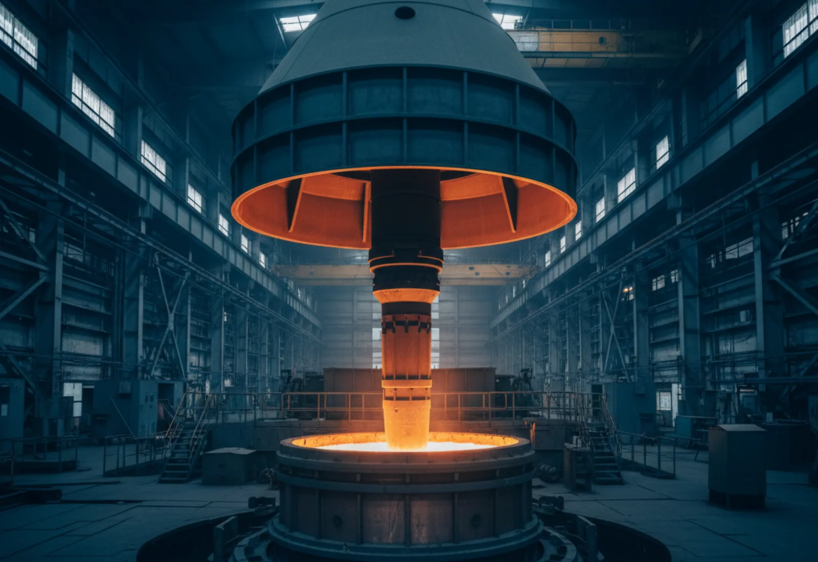 Row of electroslag remelting furnaces refining plastic injection mold steel ingots