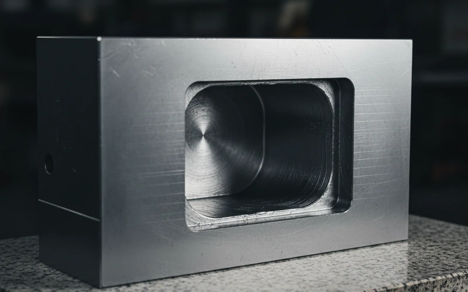Plastic injection mold steel cavity block machined and set on a surface plate