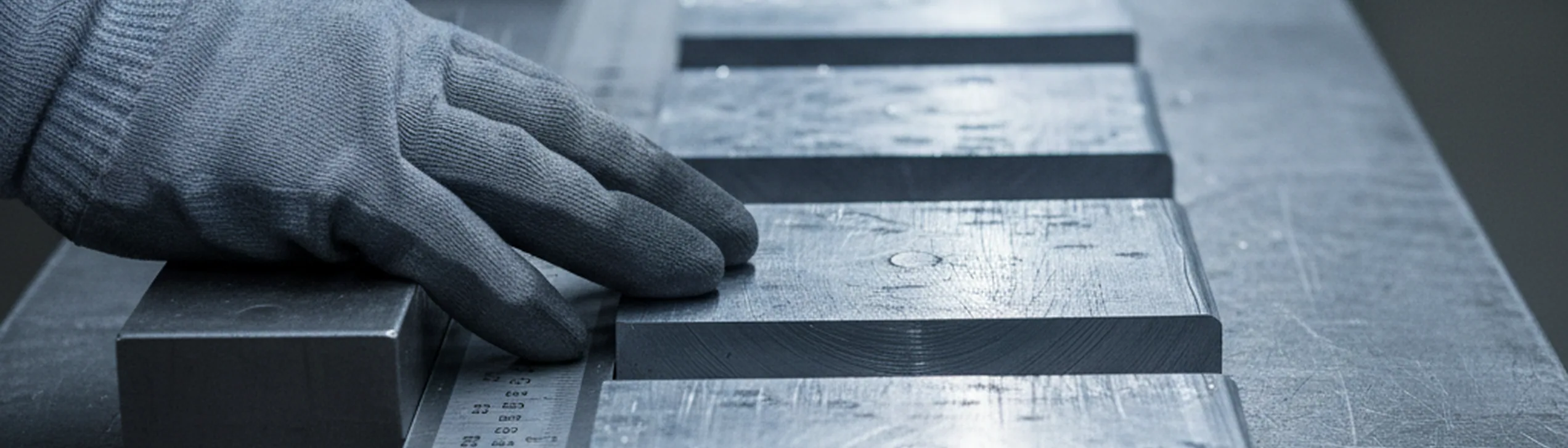 Dimensional inspector's tape and stop gauge set against a row of cut tool steel pieces in the finishing area