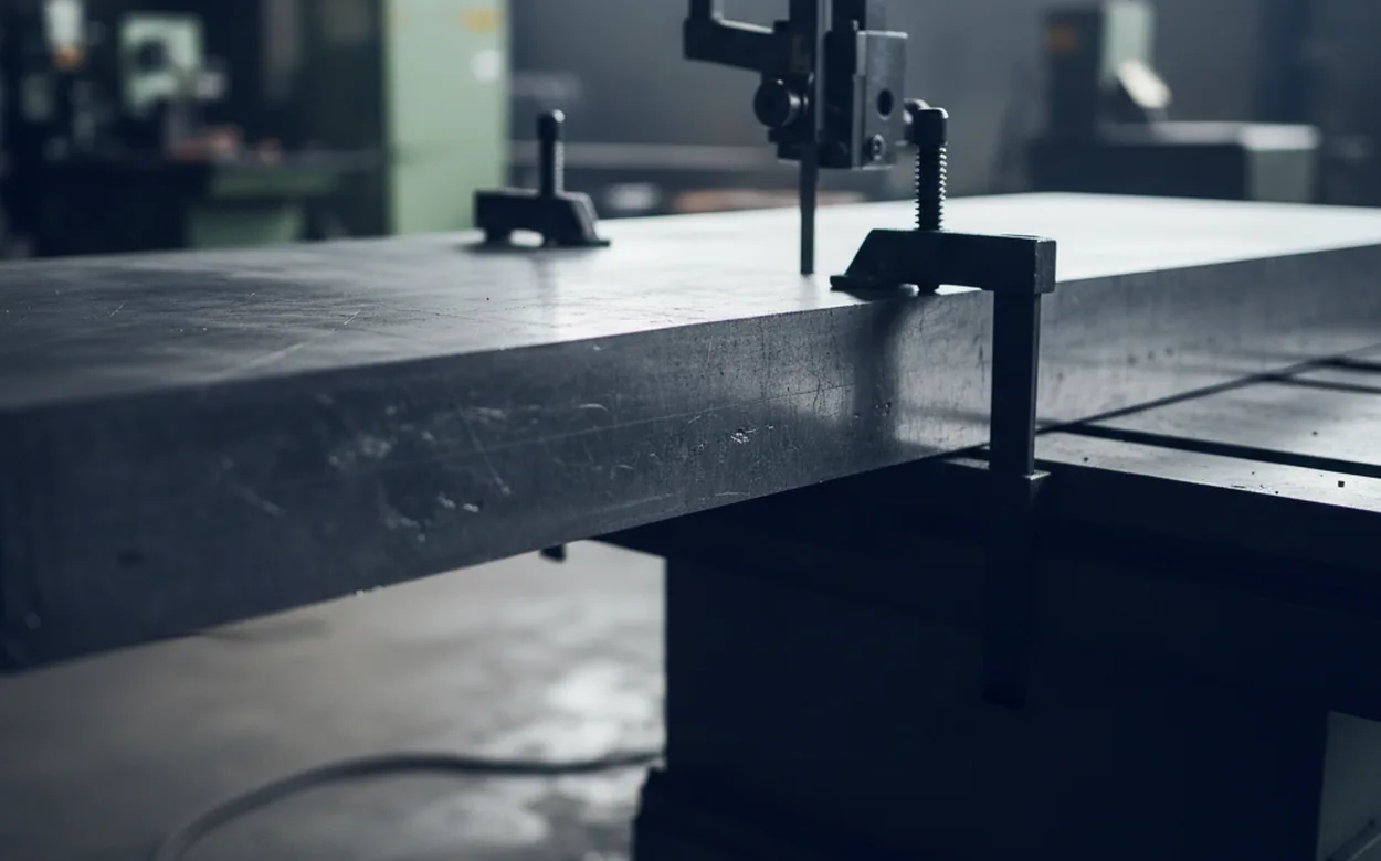 Wide tool steel plate at the top of the section range clamped on the saw table