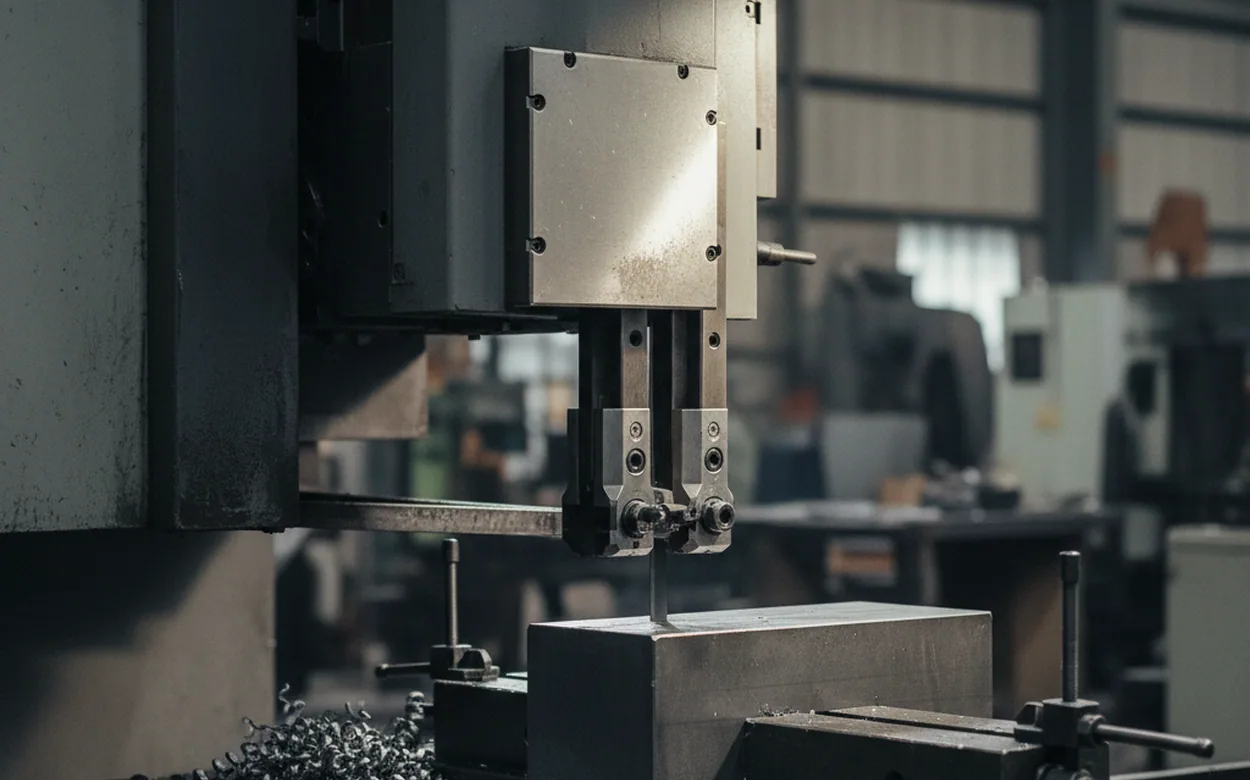 CNC band saw column and blade guides set over a heavy tool steel flat
