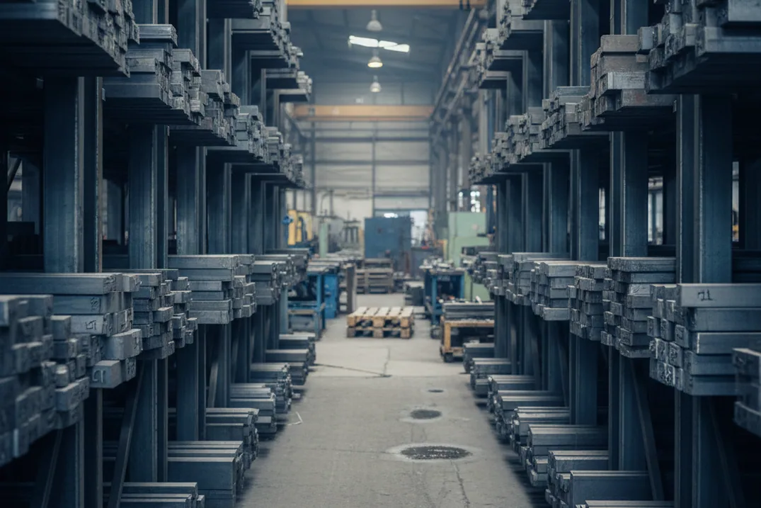 Stockholder rack carrying marked tool steel pieces broken into rack lengths and sold by the piece