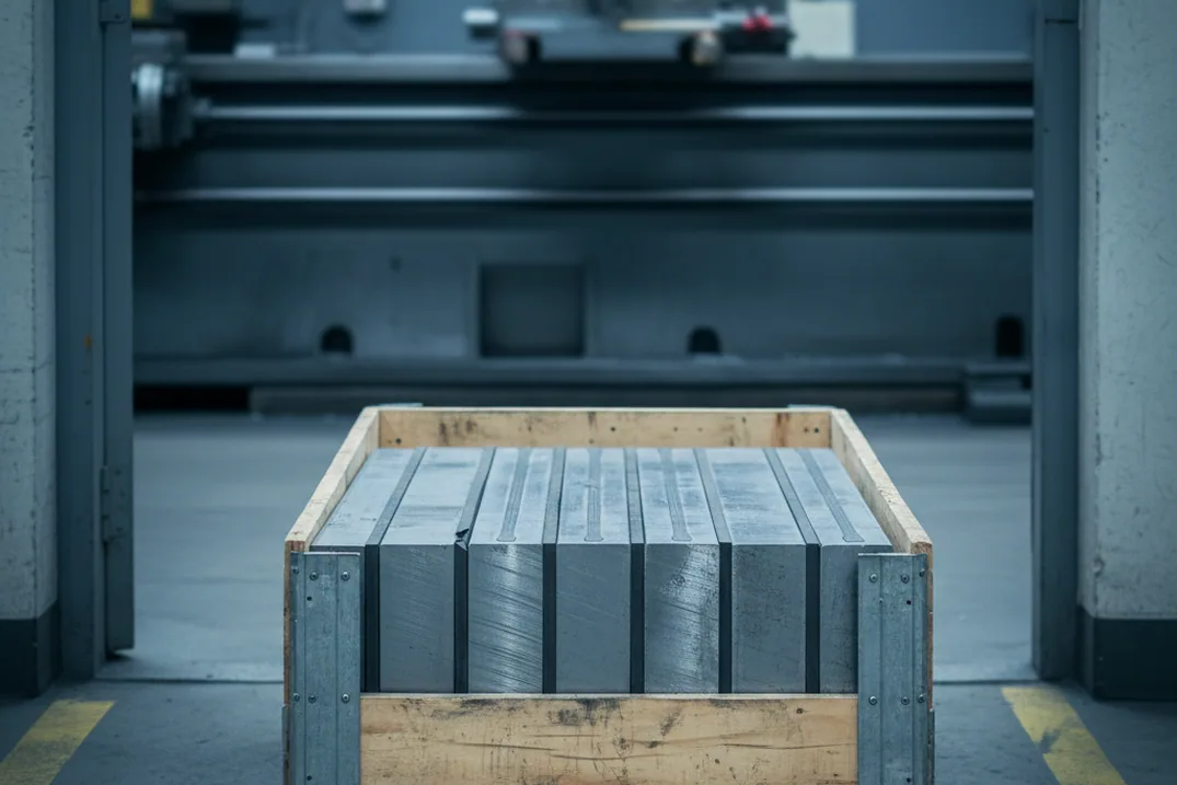 Crate of cut tool steel pieces marked for a distributor's account and sent on to the tool room