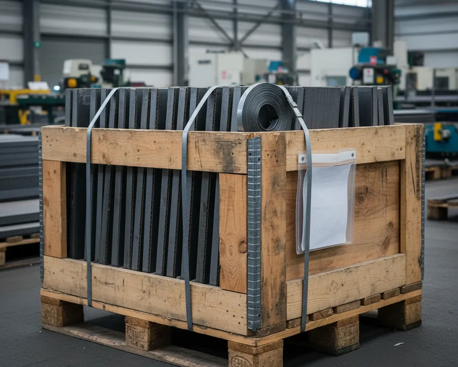 Cut tool steel pieces crated and destination marked by the warehouse and logistics team