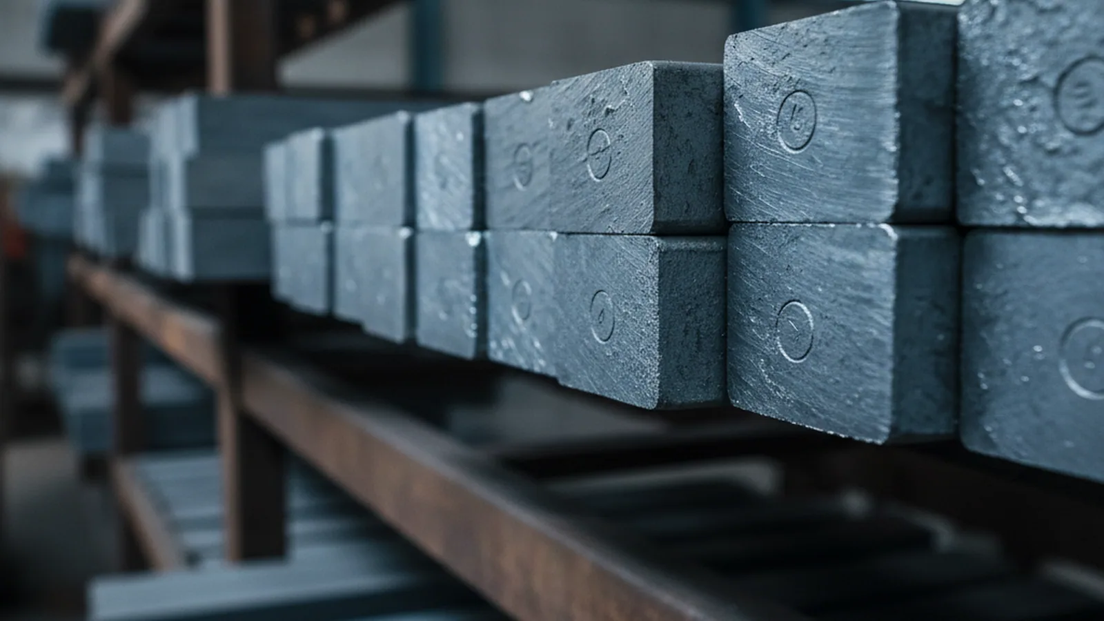 Stack of cut tool steel pieces on a rack, each carrying its own heat number mark