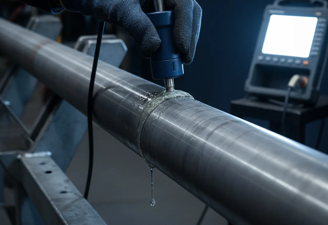 Digital ultrasonic flaw detector run along a full-length tool steel bar before any tool steel saw cutting begins