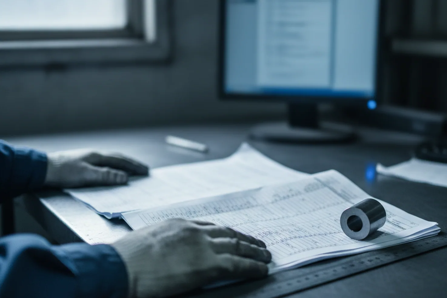Technical desk working a tool steel saw cutting list of piece lengths and counts against the size list