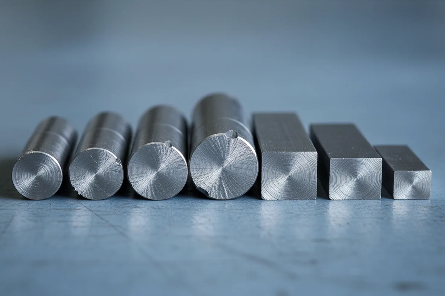 Round and flat tool steel sections laid side by side to show the section range that can be cut to size