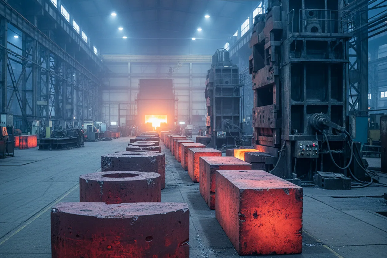 Heavy sections queued at the forging line where the schedule decides the melted line date