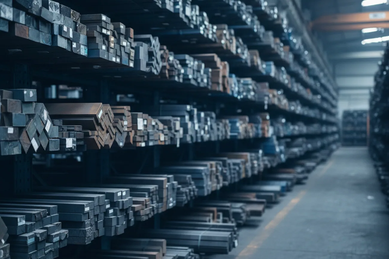 Finished stock rack of the five volume grades held ready for tool steel saw cutting against a stocked line
