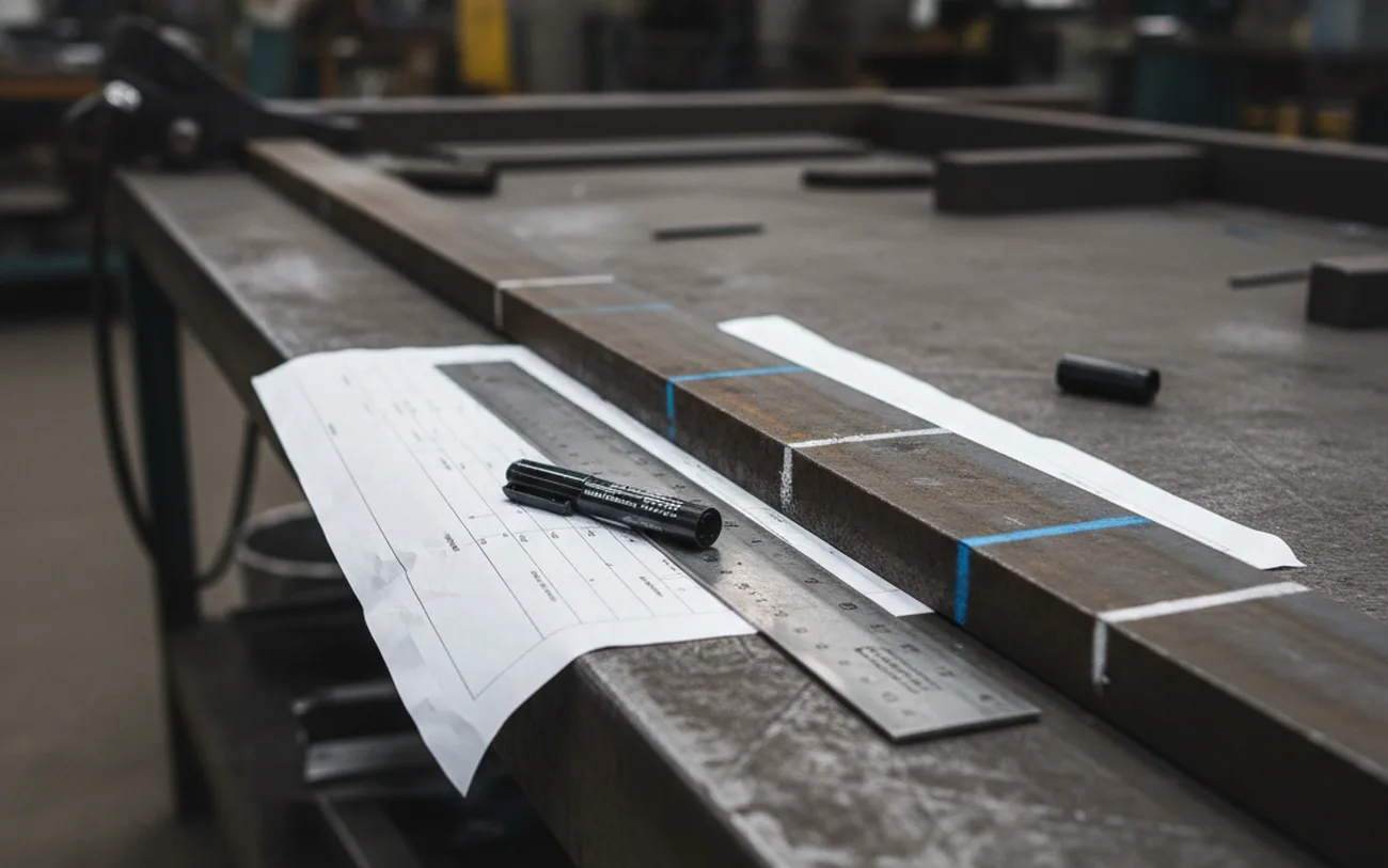 Nesting plan laid out beside a full-length tool steel bar showing which pieces come off which bar
