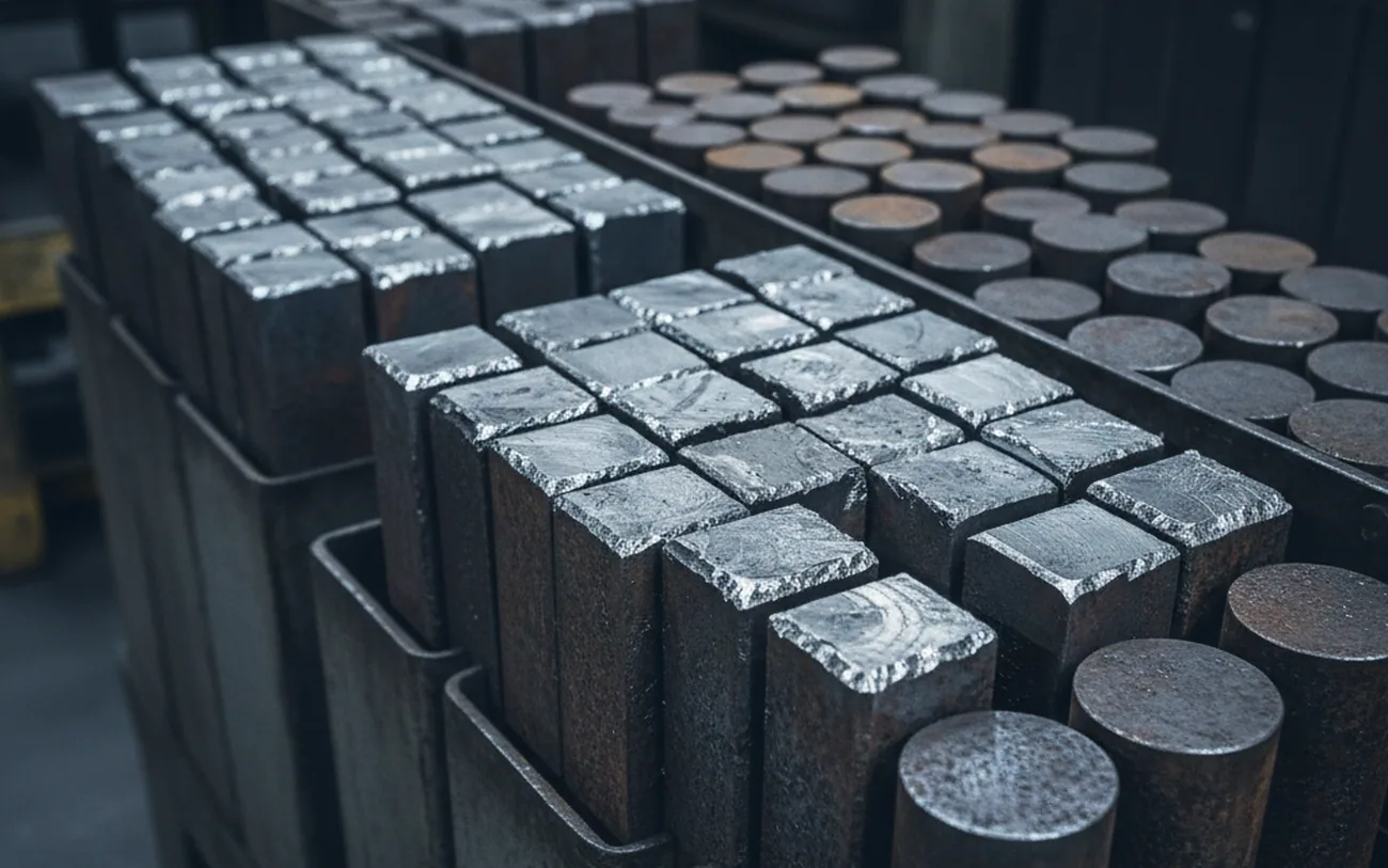 Remnant lengths held on a rack at the works against the buyer's next tool steel saw cutting list