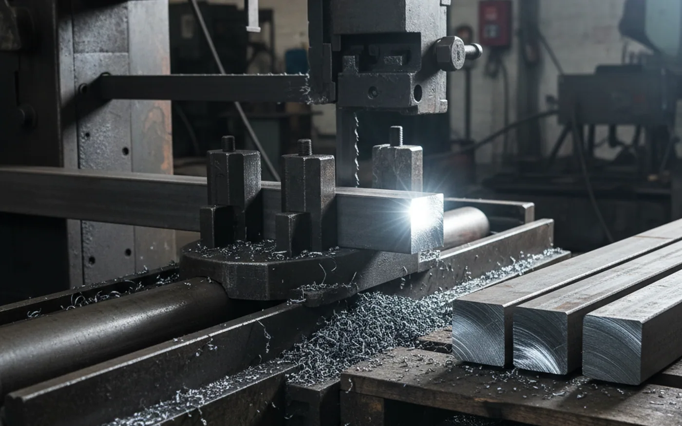 Replacement piece being cut from remaining material of the same heat during tool steel saw cutting