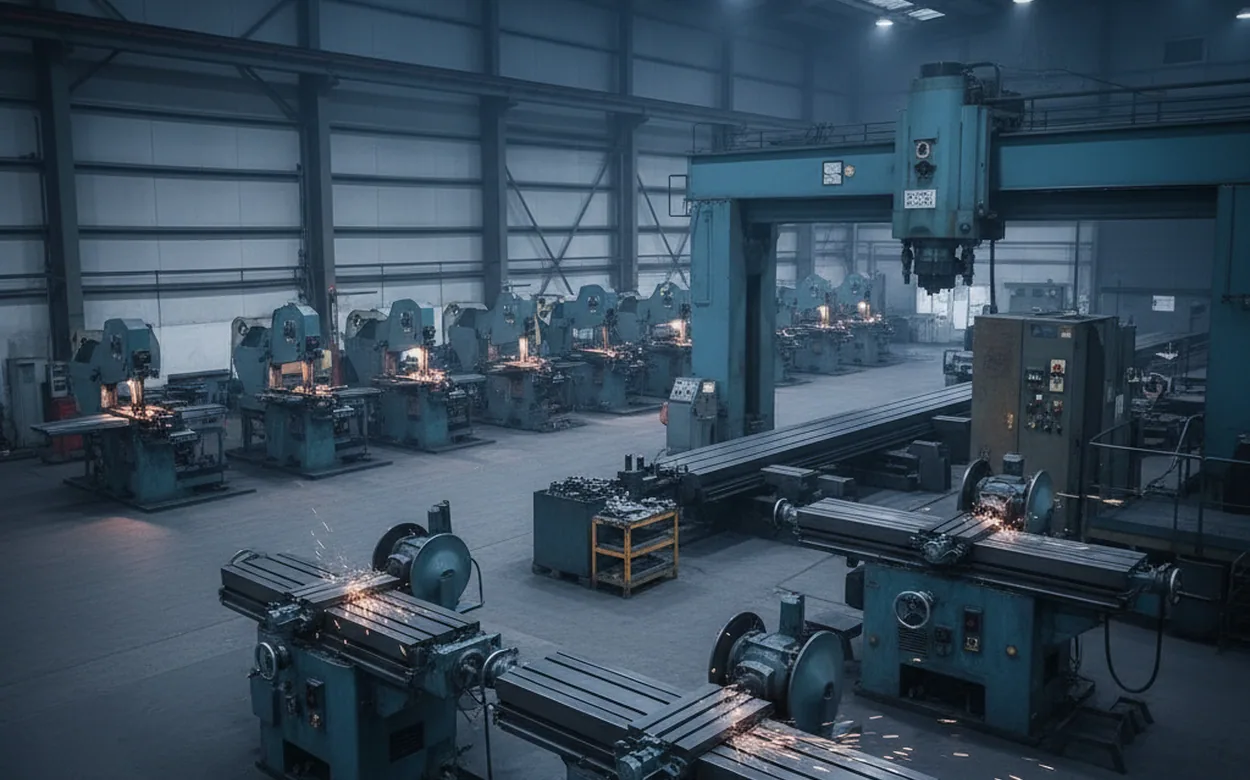Finishing bay with grinders and gantry mills alongside the band saw line