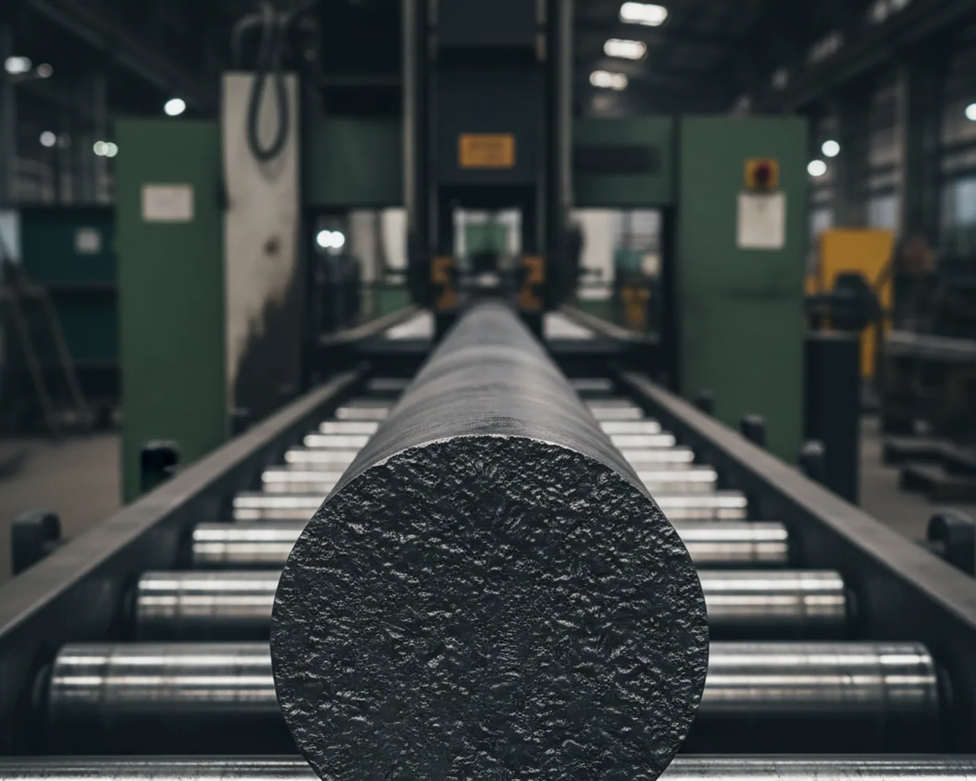 Annealed tool steel round bar loaded onto the roller bed of a CNC band saw before tool steel saw cutting