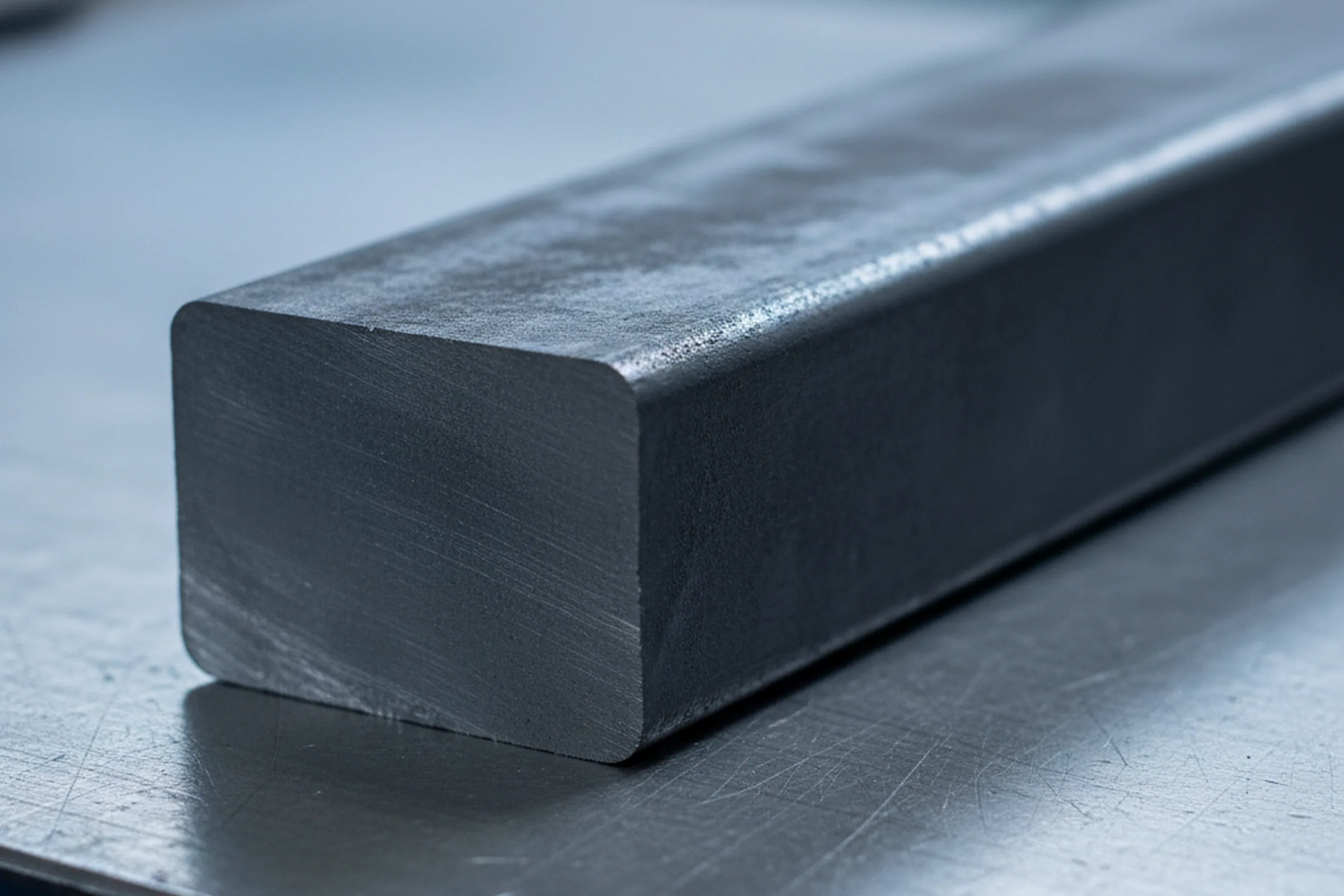 Black forged and descaled tool steel bar with the dark forged skin still on every face