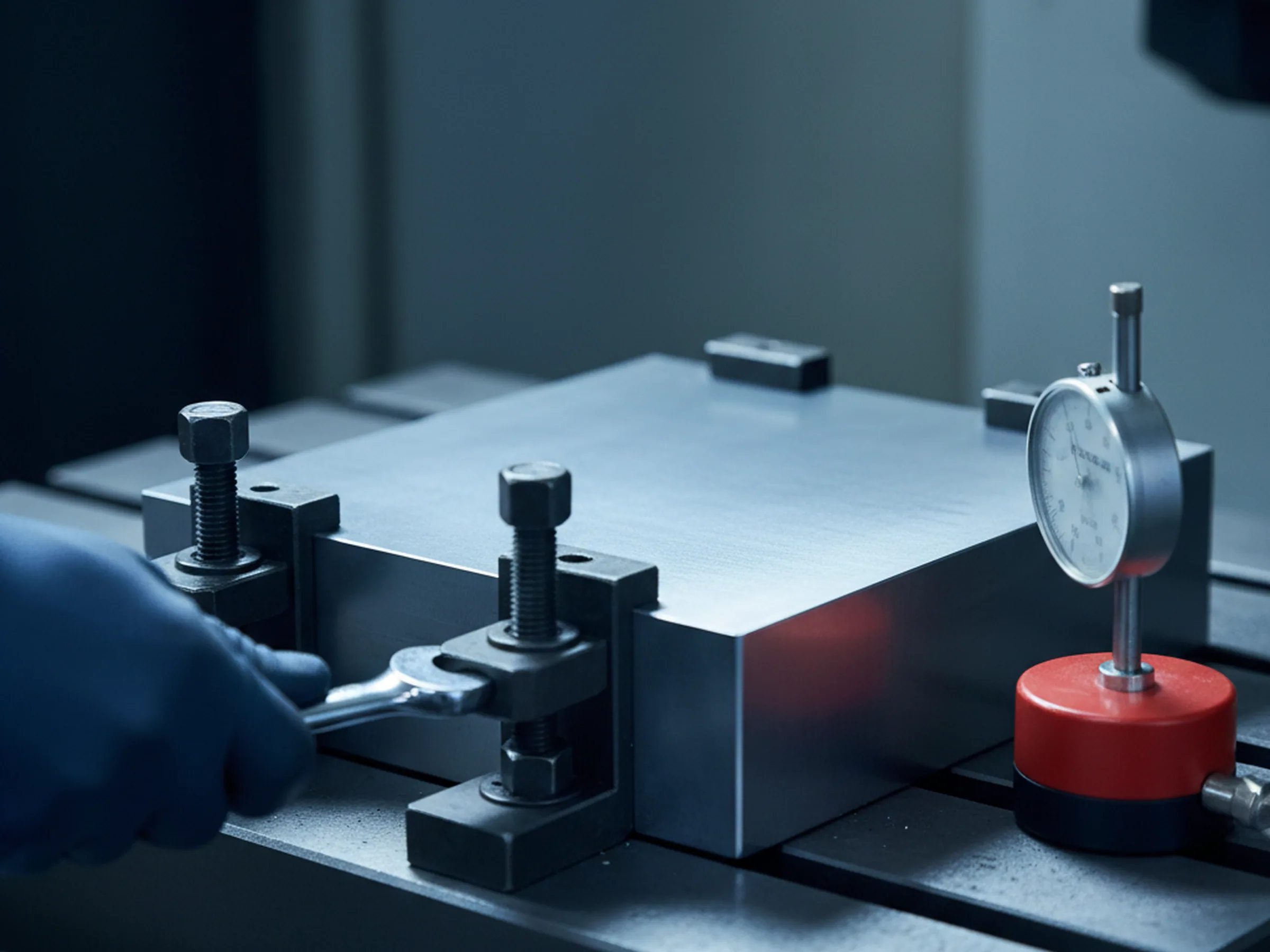 Ground tool steel mould plate clamped datum face down on a machining centre table