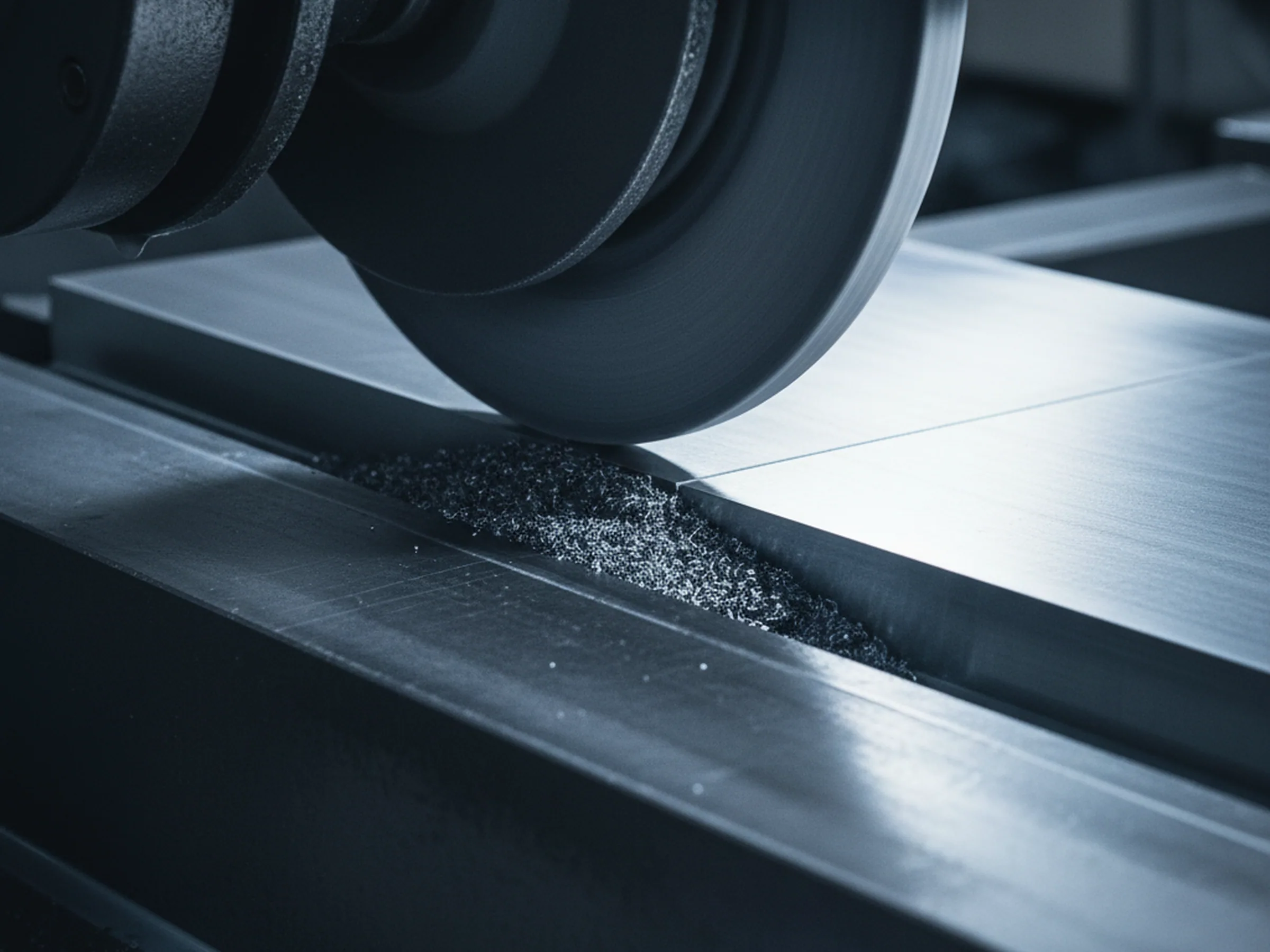 Grinding swarf collecting under the wheel as the softer decarburised skin comes off a tool steel plate