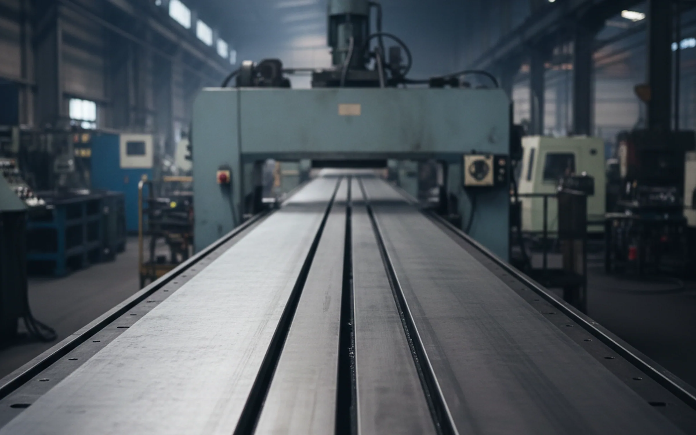 Gantry grinder taking a 4,000 mm tool steel plate across the table in the finishing area