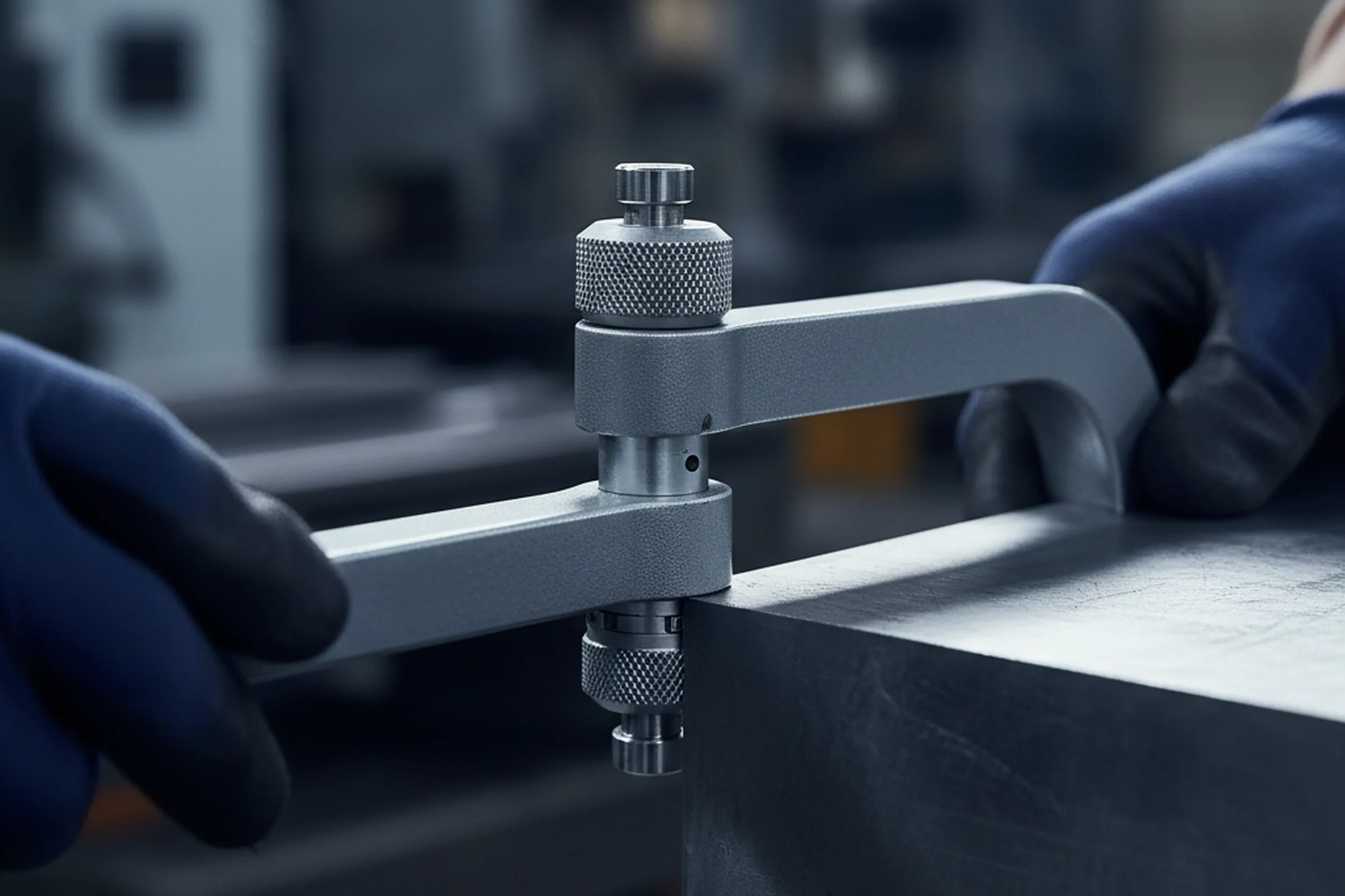 Micrometer set across the thickness of a ground tool steel plate at one of four check points