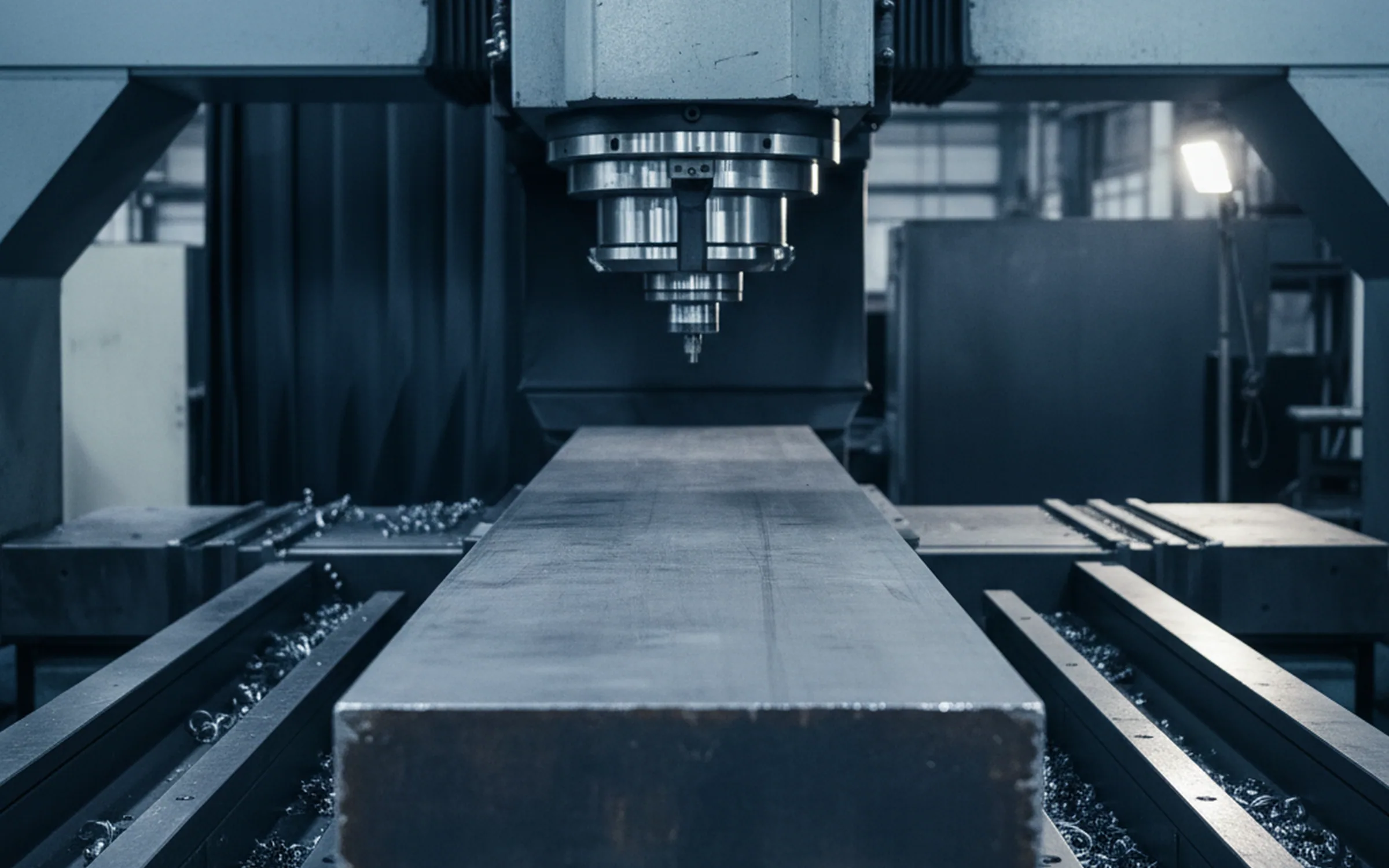 CNC gantry mill with a long die steel plate on the table inside 4,000 by 1,500 mm of travel