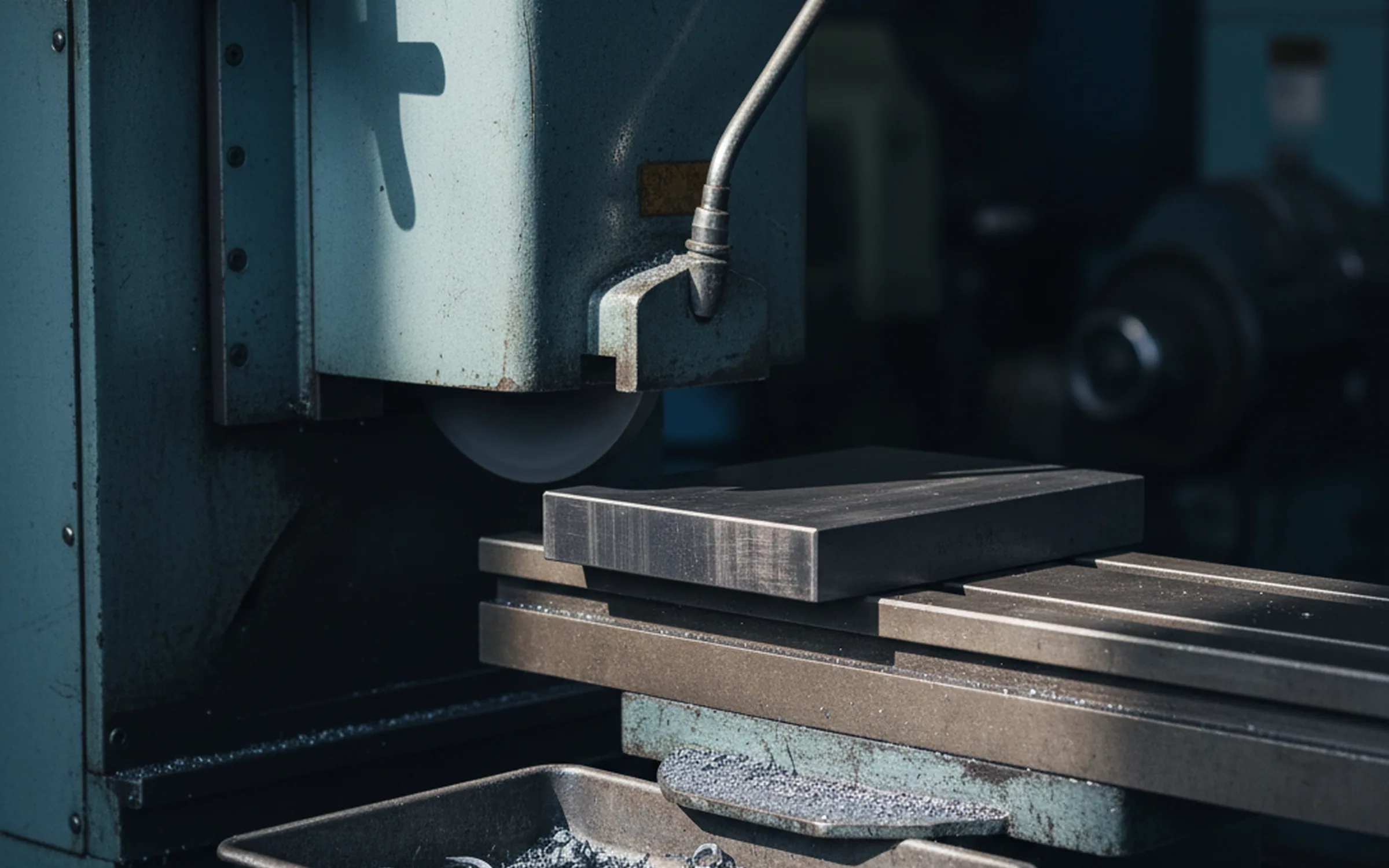 Precision surface grinder in the finishing area with a tool steel plate under the wheel