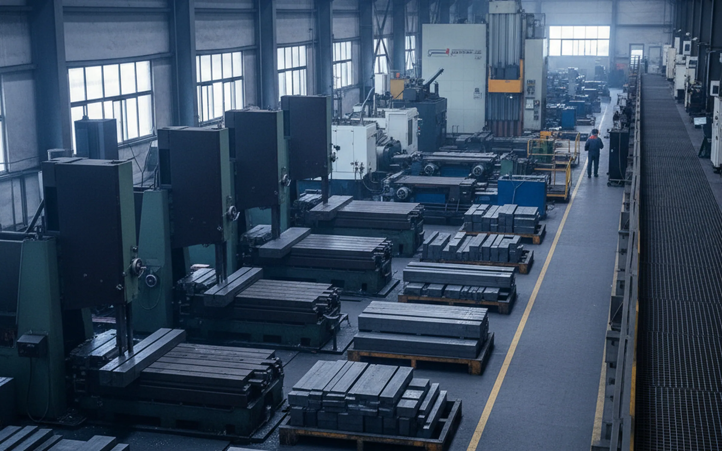 Finishing hall where saws, grinders, mills and turning machines stand in one bay