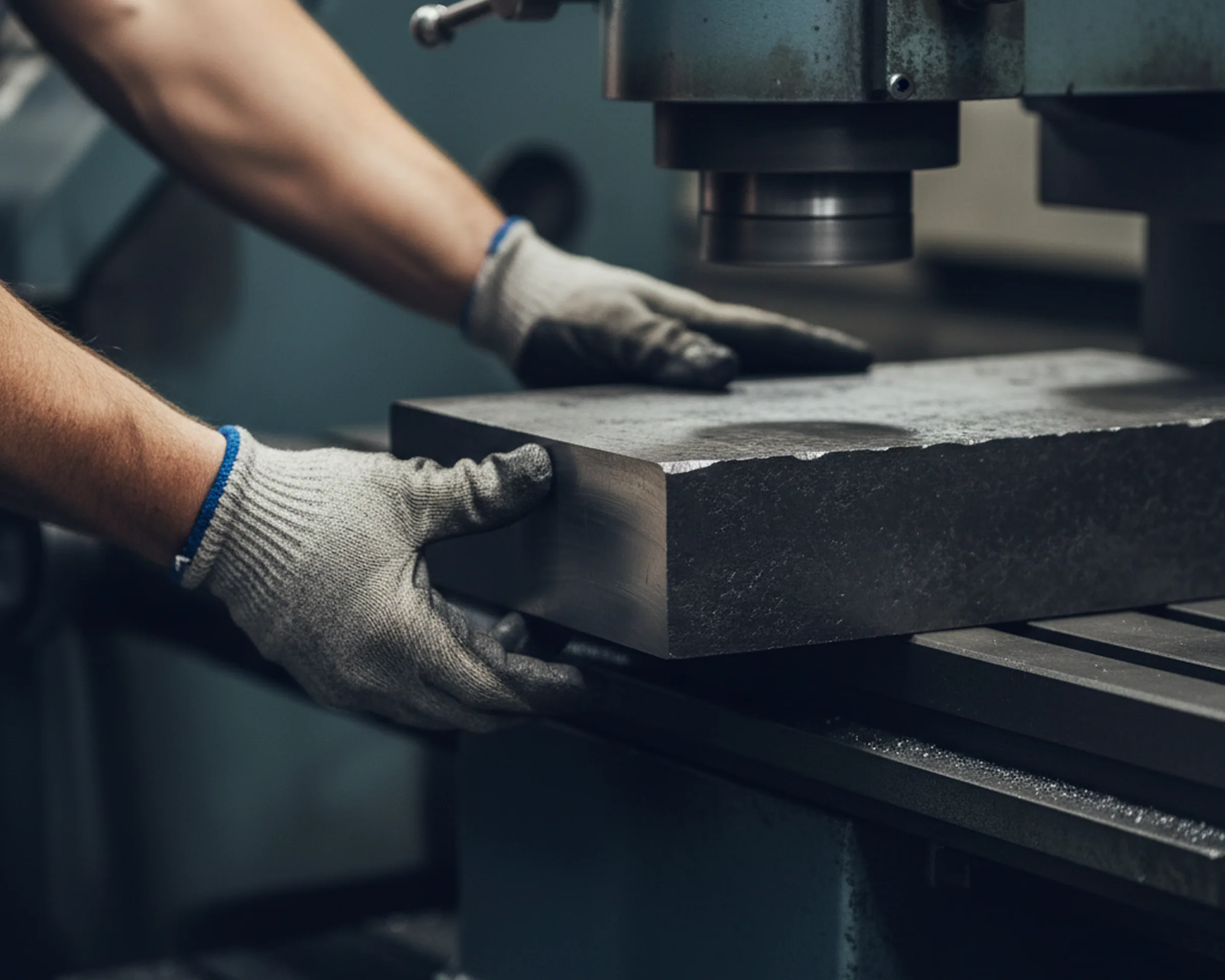 Annealed tool steel plate clamped on the magnetic table of a precision surface grinder before tool steel surface grinding